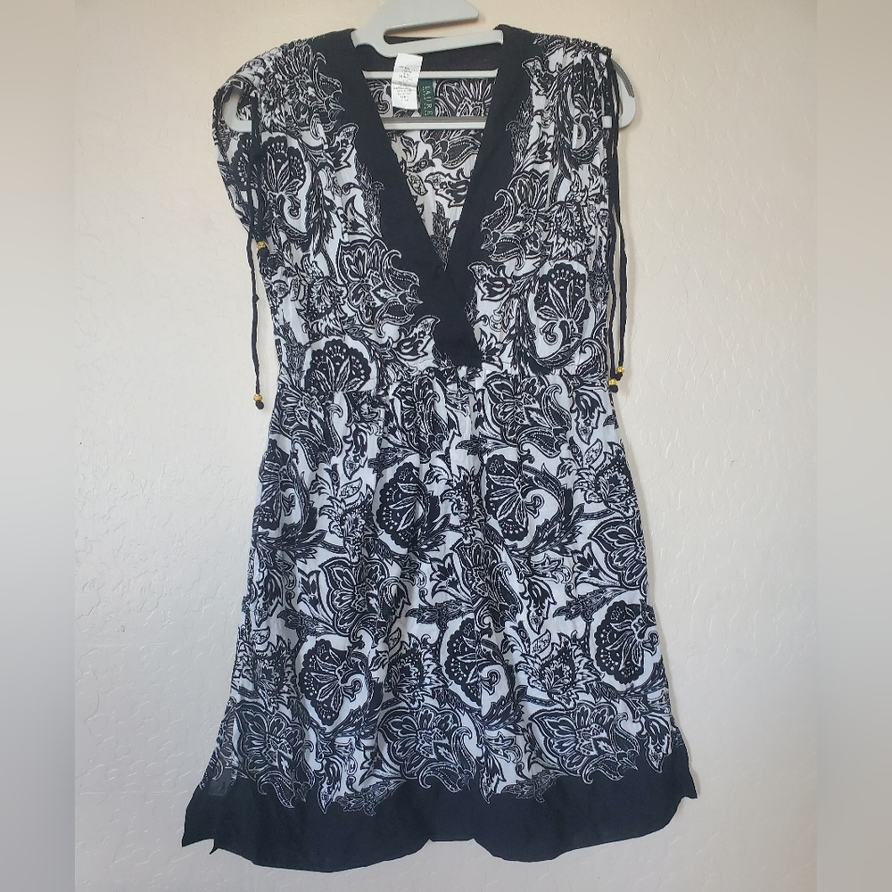 Ralph Lauren Flower Print Black & White Sleeveless Mini Dress Size Small Petite